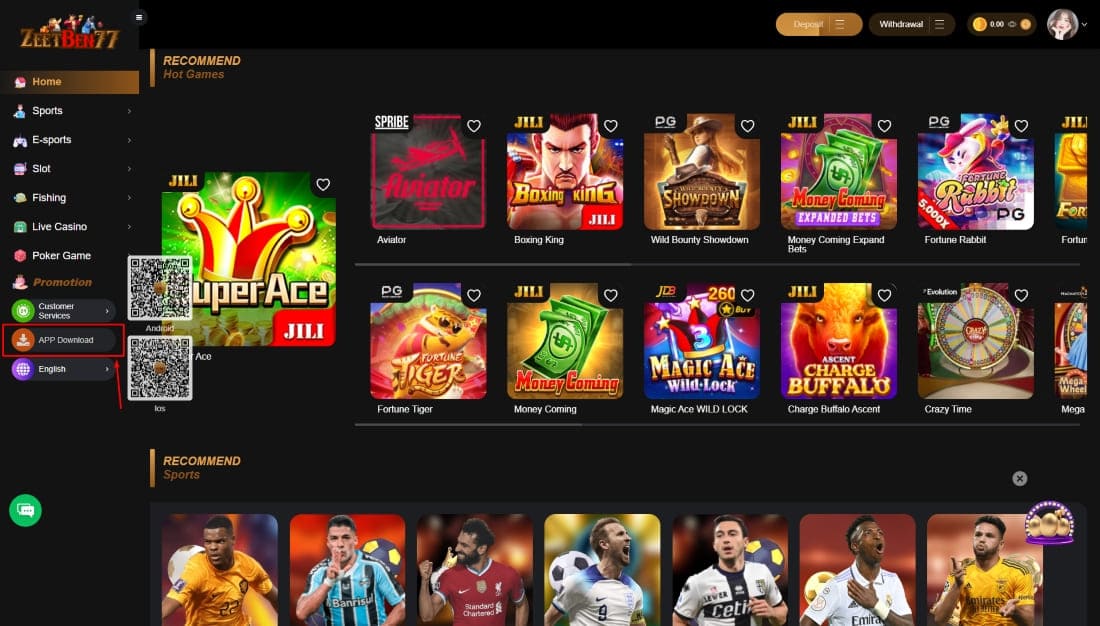 App download section for Android and iOS with QR codes and game previews