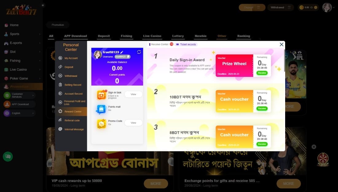 User reward center displaying balance, sign-in task, vouchers and promo code